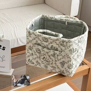 French Floral Quilted Fabric Basket for Storage Organizer w/Handles Green Floral